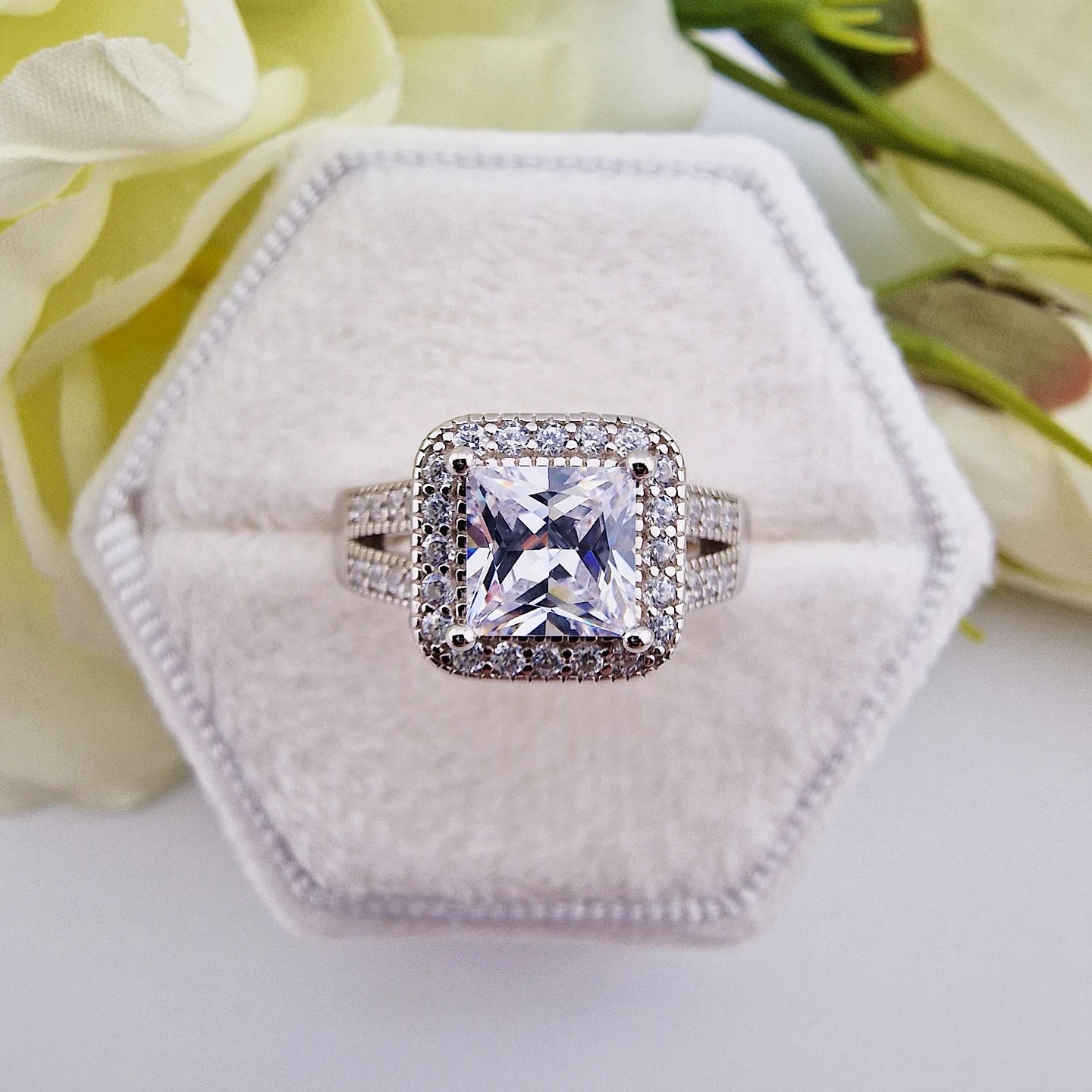 925 Sterling Silver 1.25ct Princess Cut Halo with Split Band Ladies Ring
