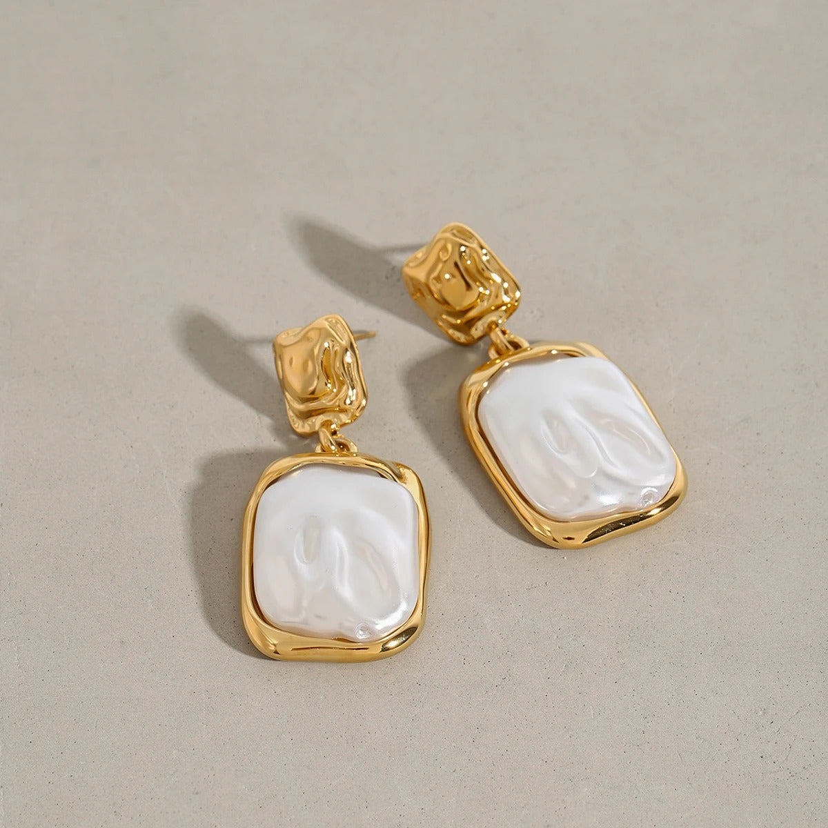 Gold-Tone Stainless Steel – Rectangular Pearl Drop Earrings